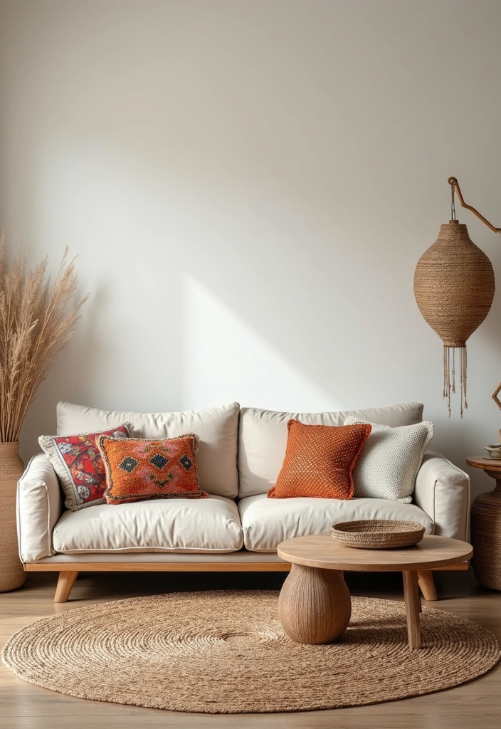 A bohemian living room with a beige sofa, patterned pillows, and eclectic decor.
