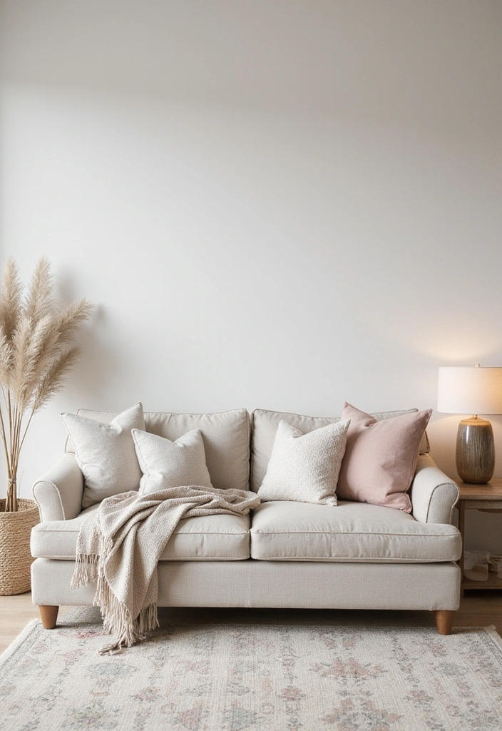 A peaceful living room decorated in soothing neutral tones like taupe and cream.