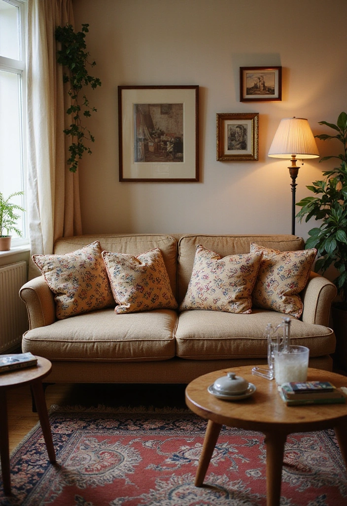 A chic living room blending vintage-inspired furniture with modern neutral decor.