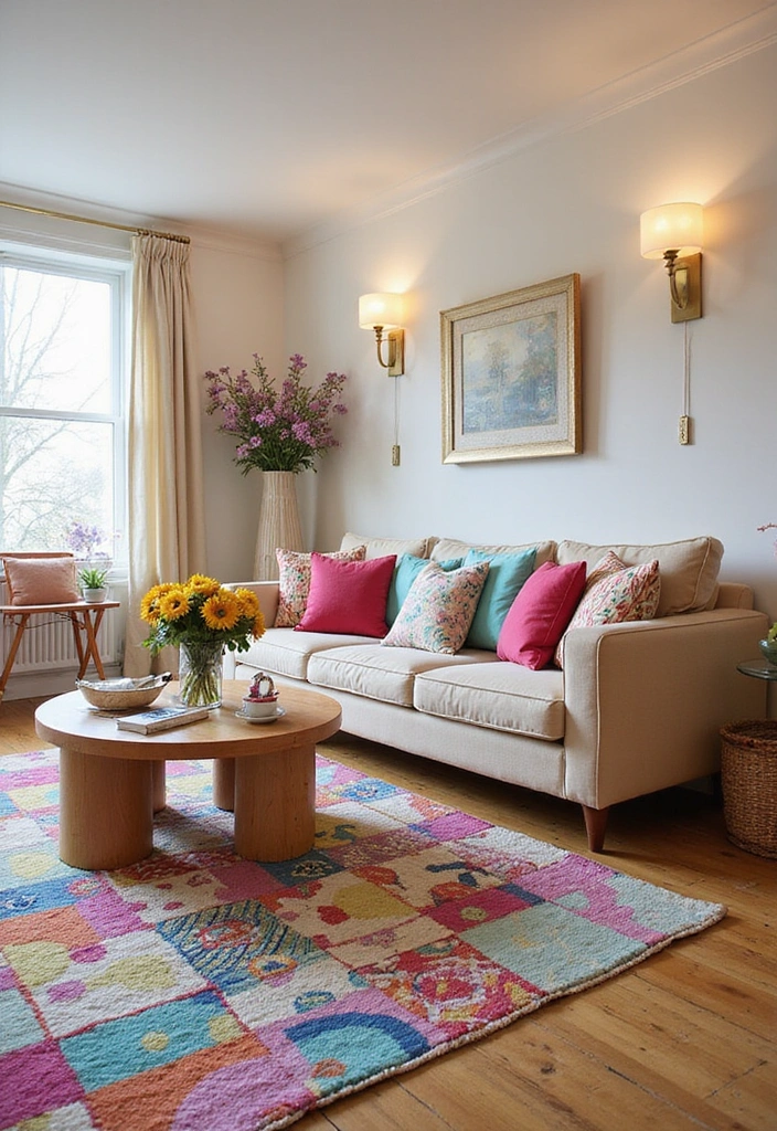 A neutral living room brought to life with vibrant, colorful accent pillows and decor.
