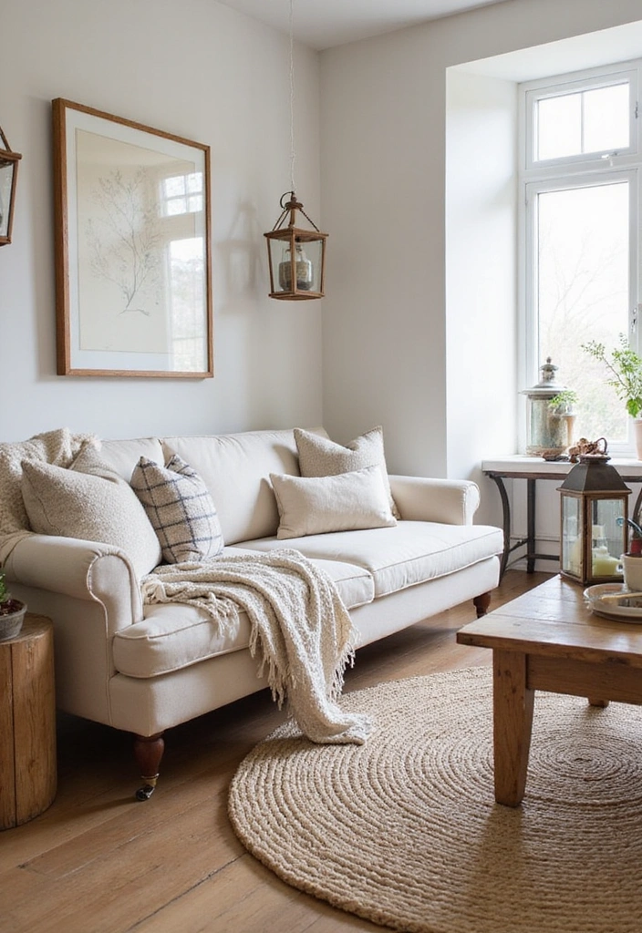 A cozy farmhouse living room with a cream sofa, reclaimed wood, and rustic decor.
