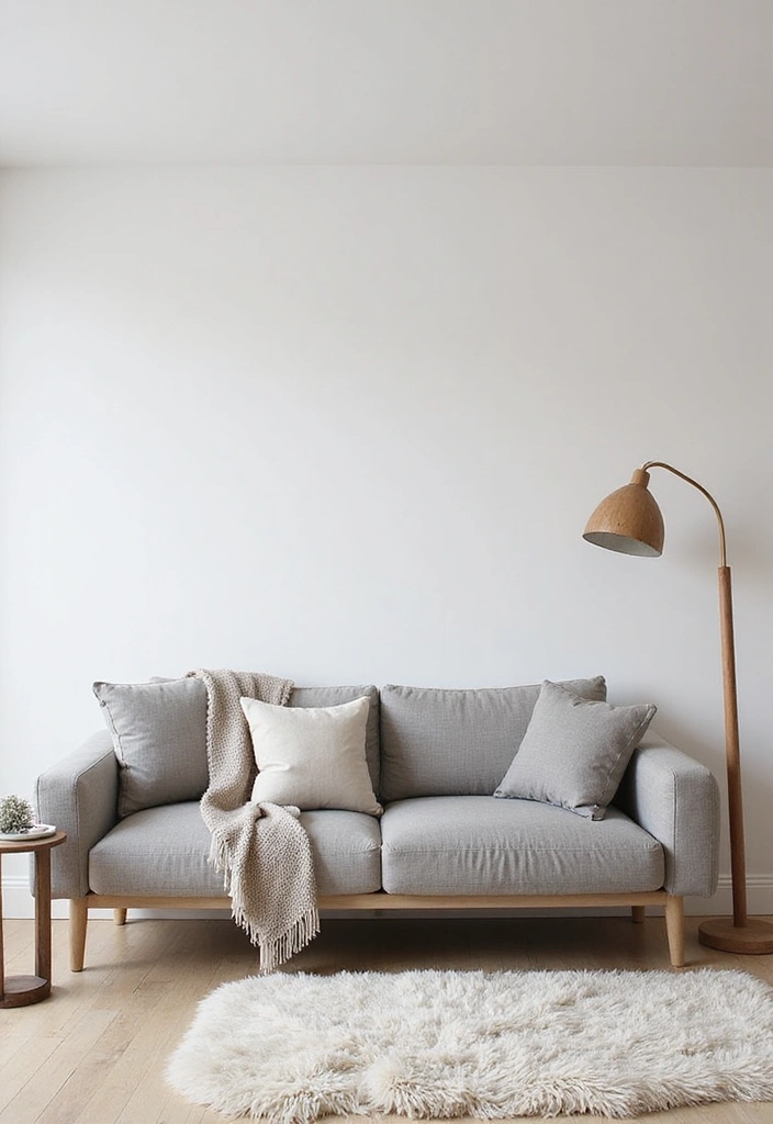 A bright and airy Scandinavian living room with a gray sofa and light wood accents.