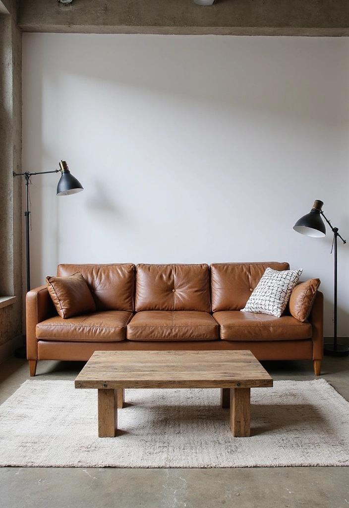 An industrial-style living room with a leather sofa, reclaimed wood, and metal accents.