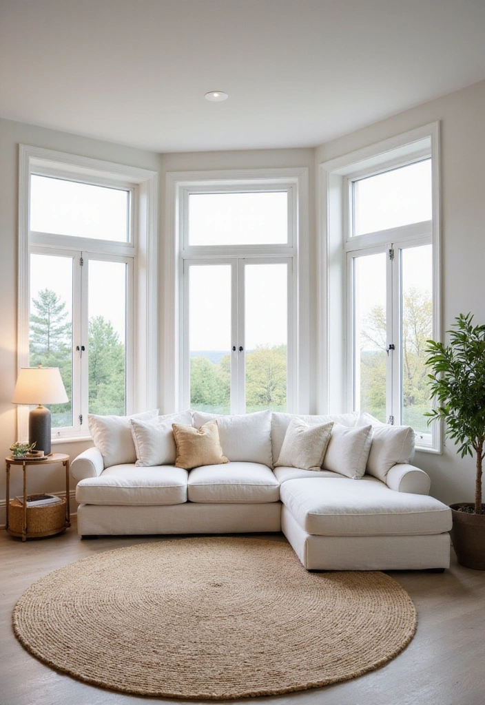 A light-filled living room with a white sectional sofa and sheer curtains.