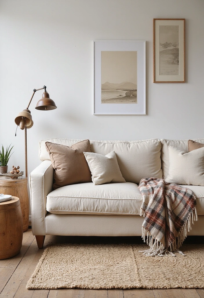 A rustic living room with a gray sofa, handwoven rug, and wooden accents.
