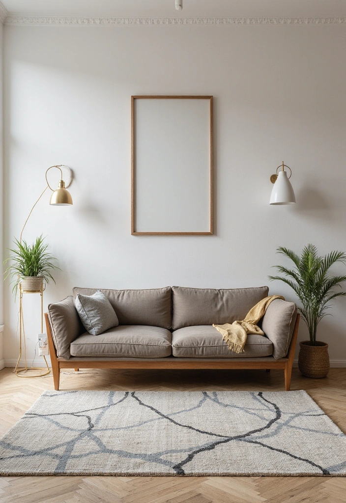 A mid-century modern living room with a tufted sofa and geometric rug.