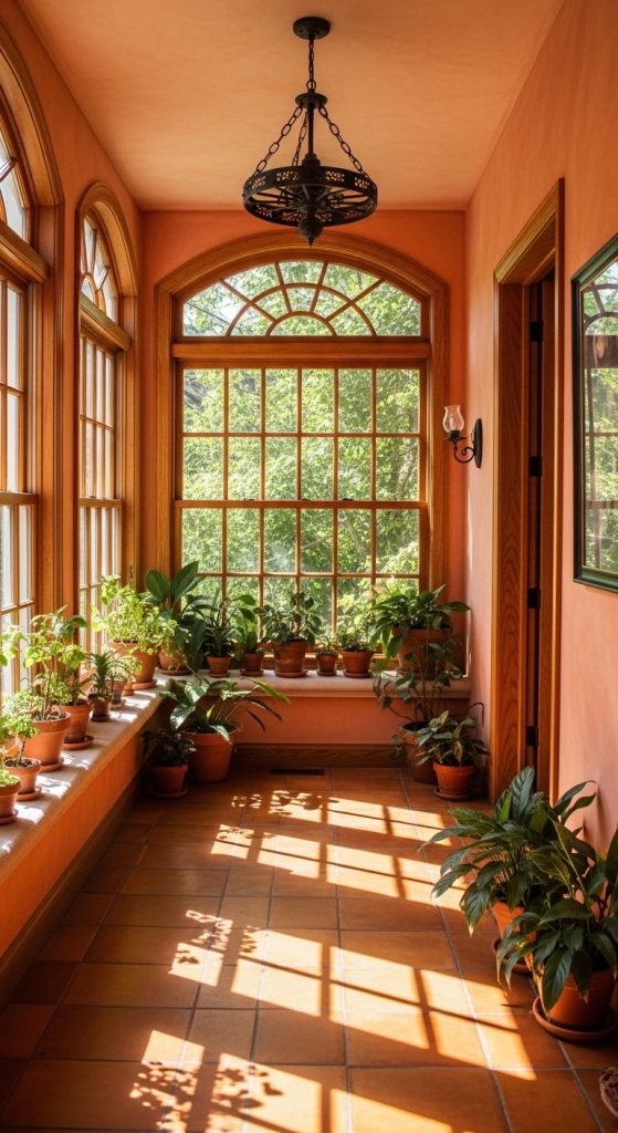 Bright living space with terracotta accents, a sandy-colored sofa, and potted cacti creating a warm desert oasis atmosphere.