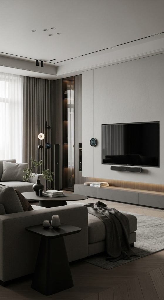 Modern living room with a wall-mounted TV