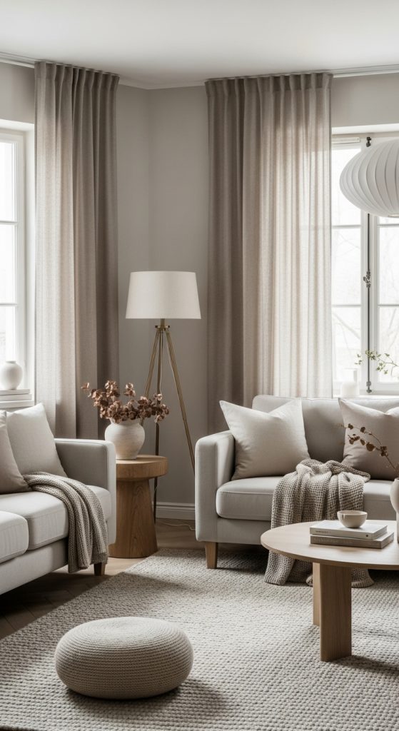 Cozy minimalist living room decorated in a neutral color palette, with layers of beige, cream, and taupe tones for a calming atmosphere.