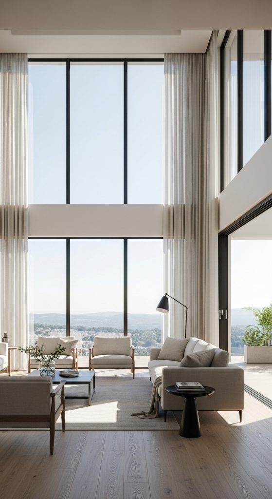 Luxury living room with open layout and floor-to-ceiling windows, offering natural light and a seamless connection to outdoor space.