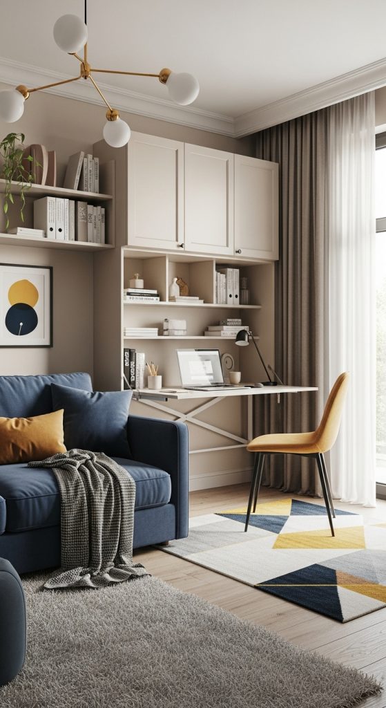 Multifunctional small living room with sofa and wall-mounted desk workspace.