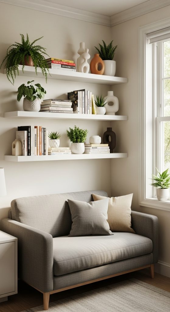 Compact living room featuring floating shelves with books, plants, and decor items.