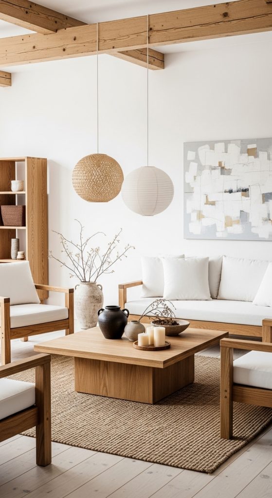 A Scandinavian living room grounded by natural materials