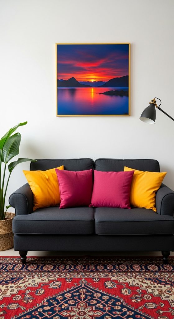 A modern living room with a black sofa acting as a backdrop for bold yellow and blue throw pillows and a large, colorful abstract painting on the wall.