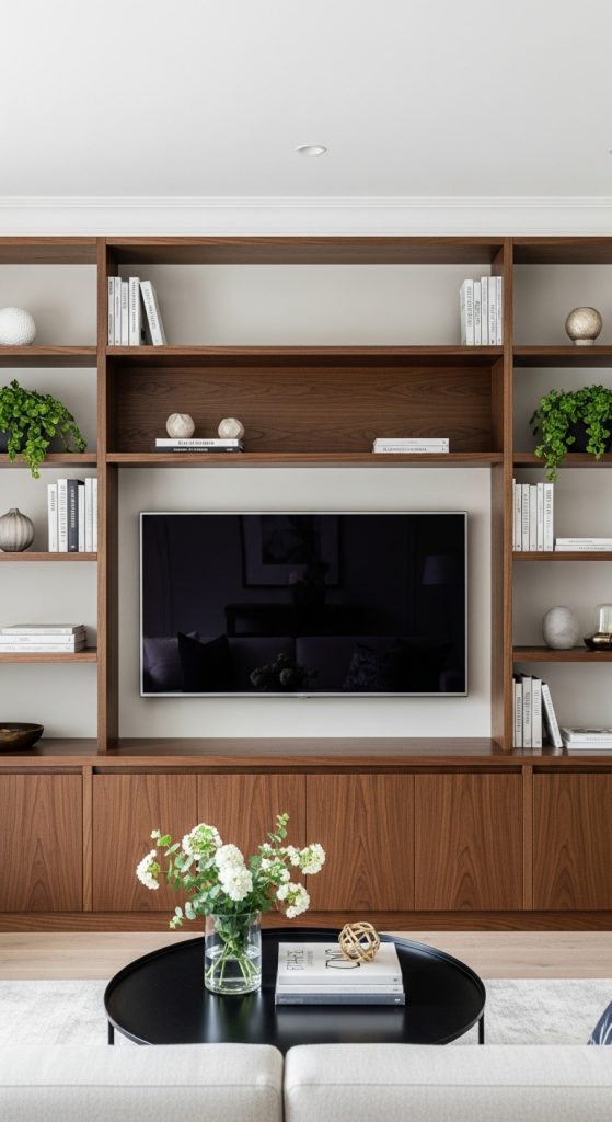 Elegant living room with built-in shelves and cabinets surrounding the TV