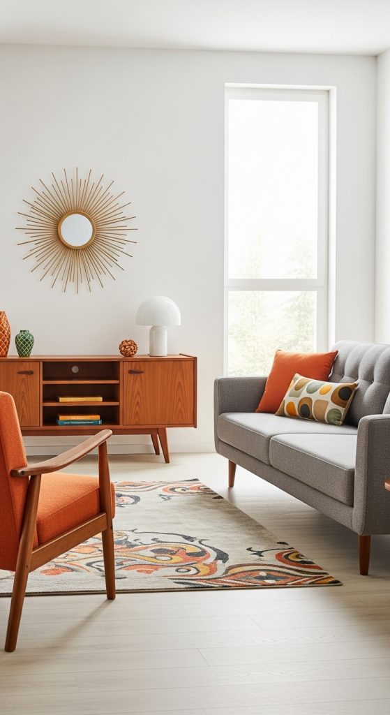 An airy living room with a long, low-profile sofa that enhances the sense of space.