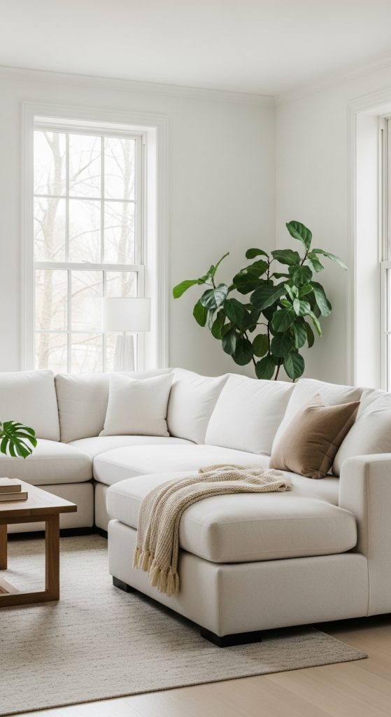 A large white sectional sofa in a bright minimalist living room, creating an open and inviting seating area.