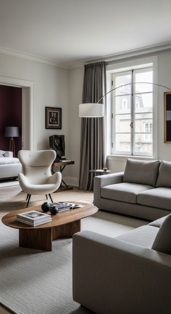 Elegant living room showcasing custom-designed furniture pieces, such as a sculptural lounge chair and a tailored sectional sofa.