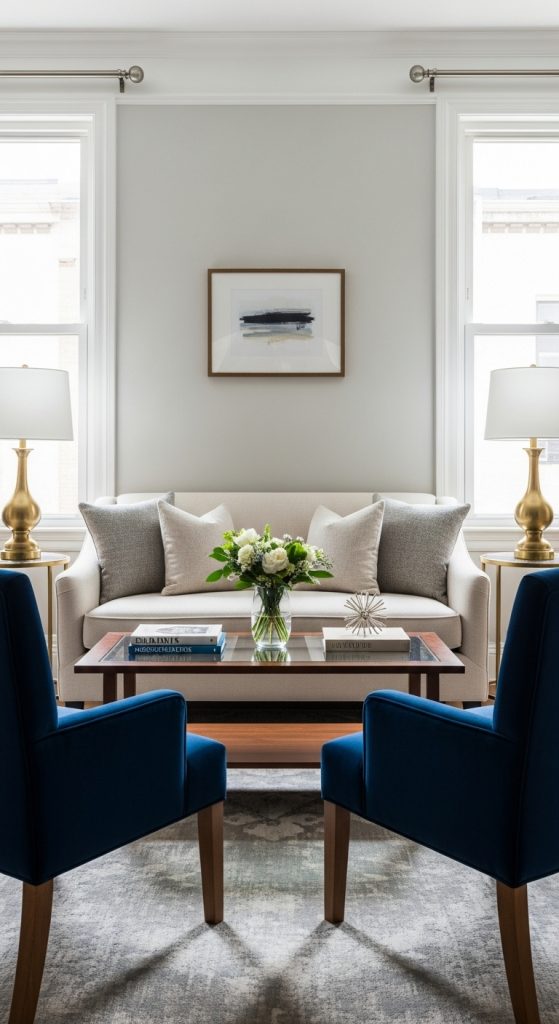 Symmetrical living room with two matching chairs and a central sofa.
