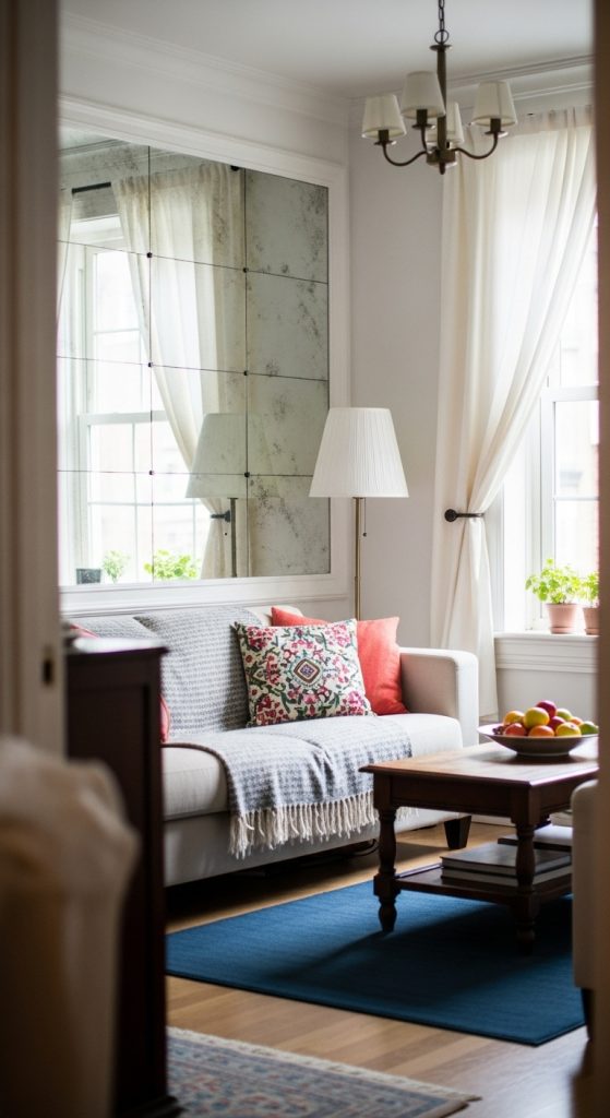 Bright small living room with a large mirror reflecting sunlight from a nearby window.