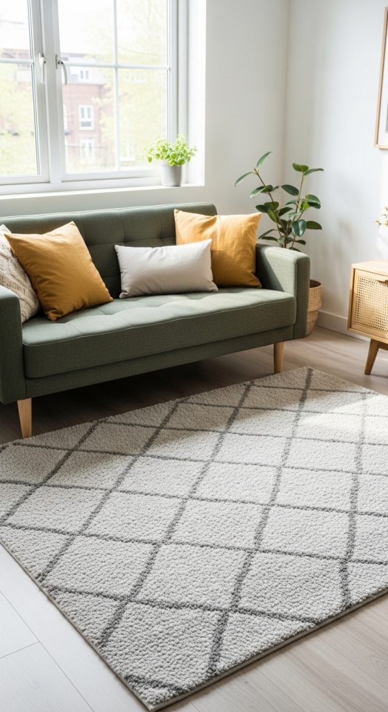 Cozy rug anchoring the seating area in a compact living room.