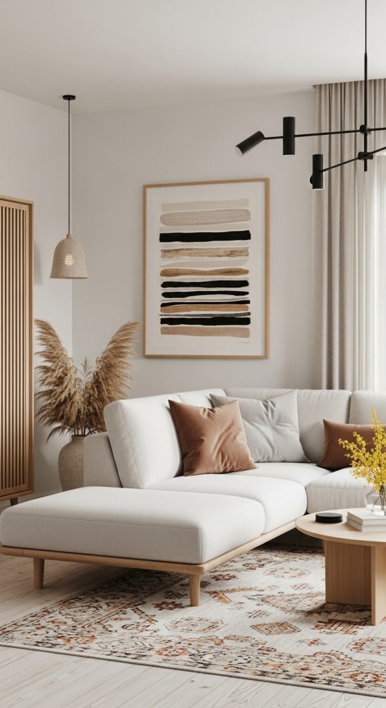 A minimalist Scandinavian living room demonstrating smart storage with a sleek