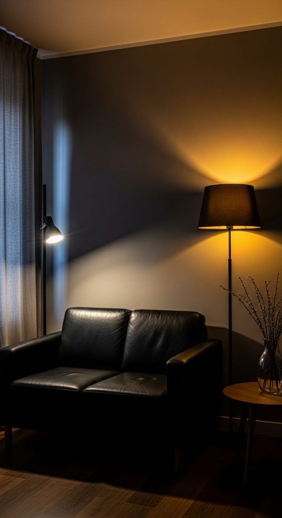 An inviting living room centered around a black sofa, illuminated by layered lighting from a floor lamp