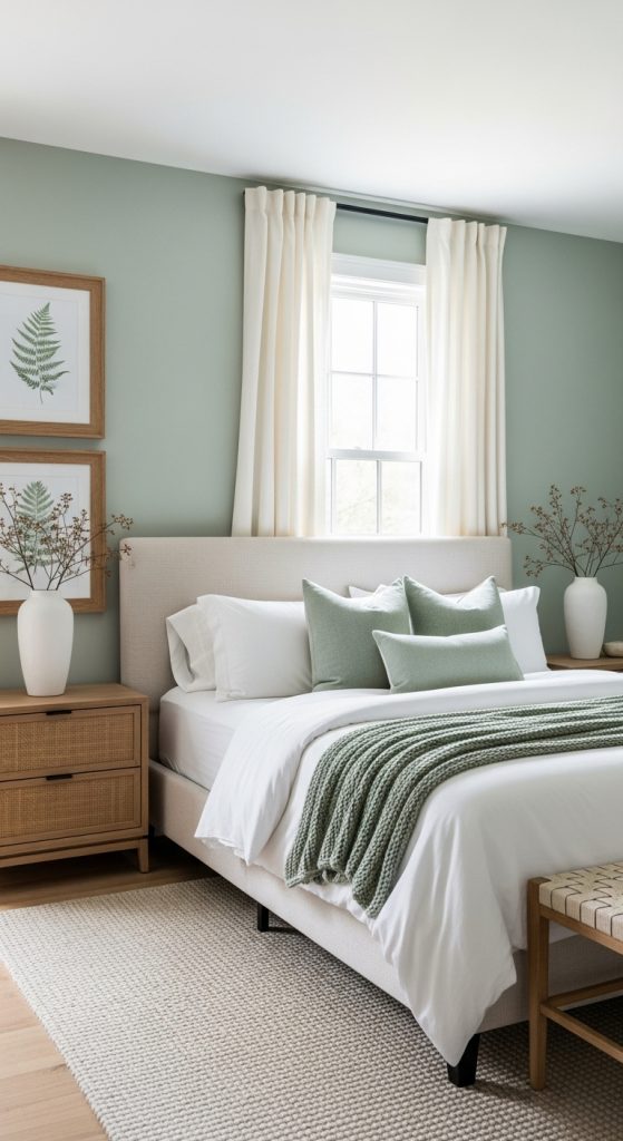 A serene and calming bedroom with soft sage green walls, creamy white bedding, and light wood furniture.