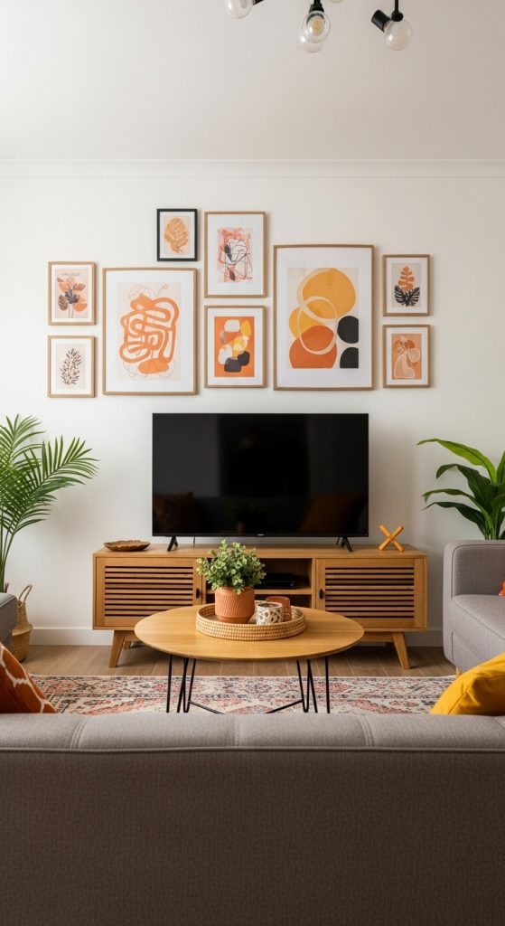 A gallery wall-style living room with a TV surrounded by art frames of different sizes