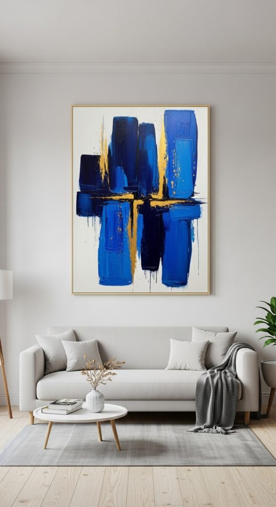 Modern living room with a teak wood console and a burnt orange armchair.
