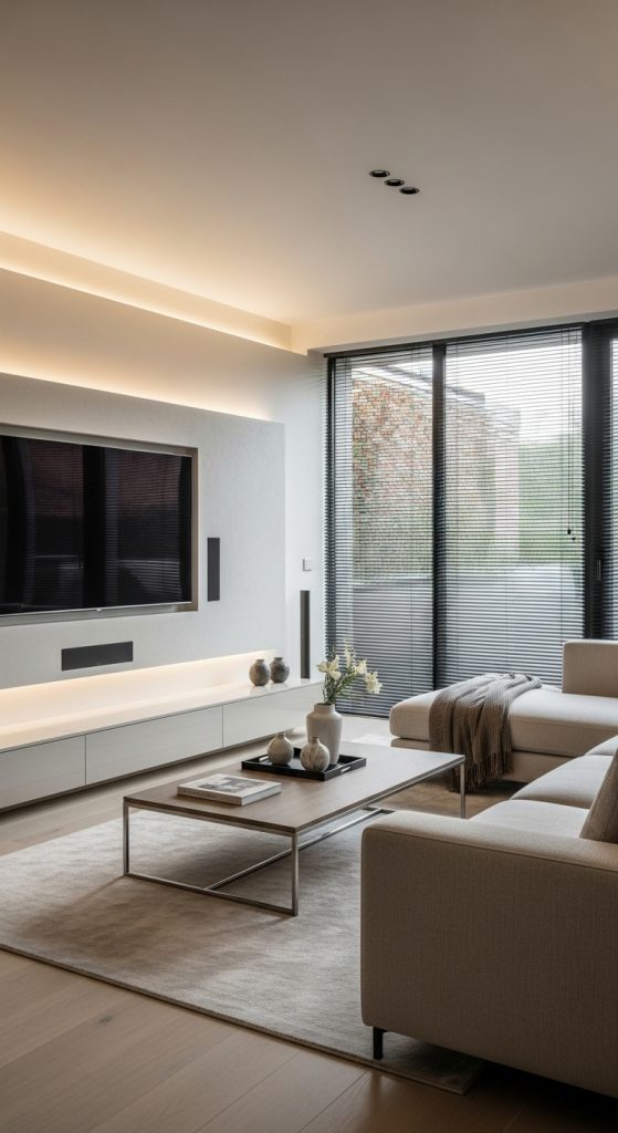 Contemporary luxury living room with integrated smart home features, including built-in speakers, motorized blinds, and sleek tech design.