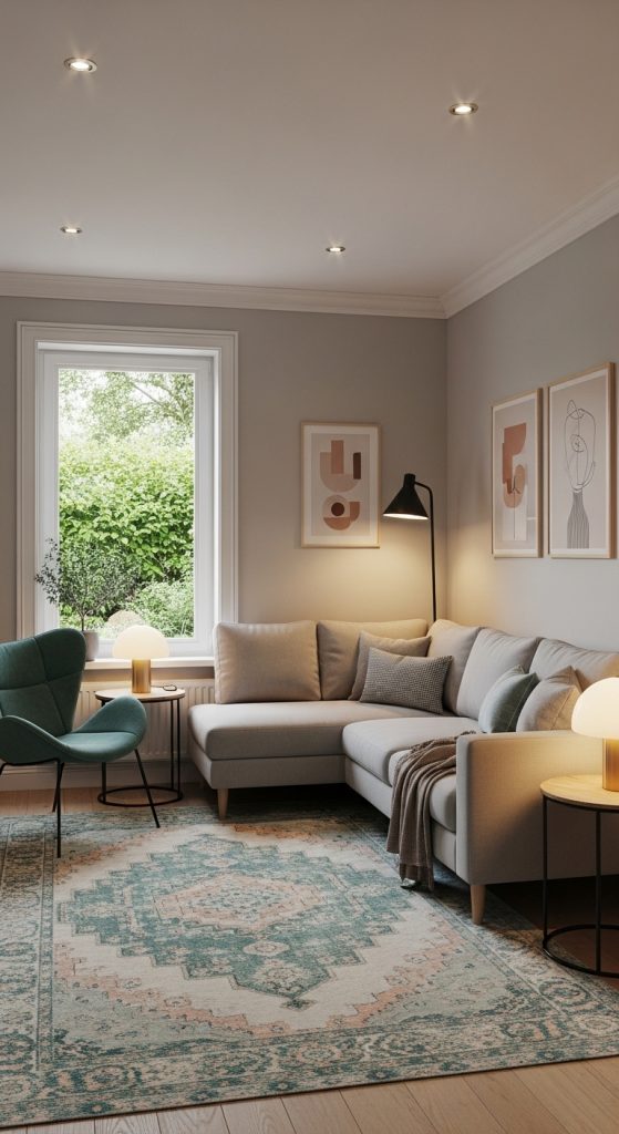 Small living room with L-shaped sectional and single accent chair.