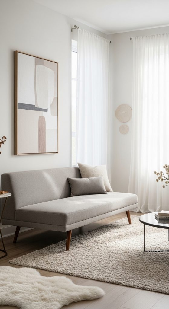 Modern living room with a low-profile, space-saving sofa in a neutral tone.