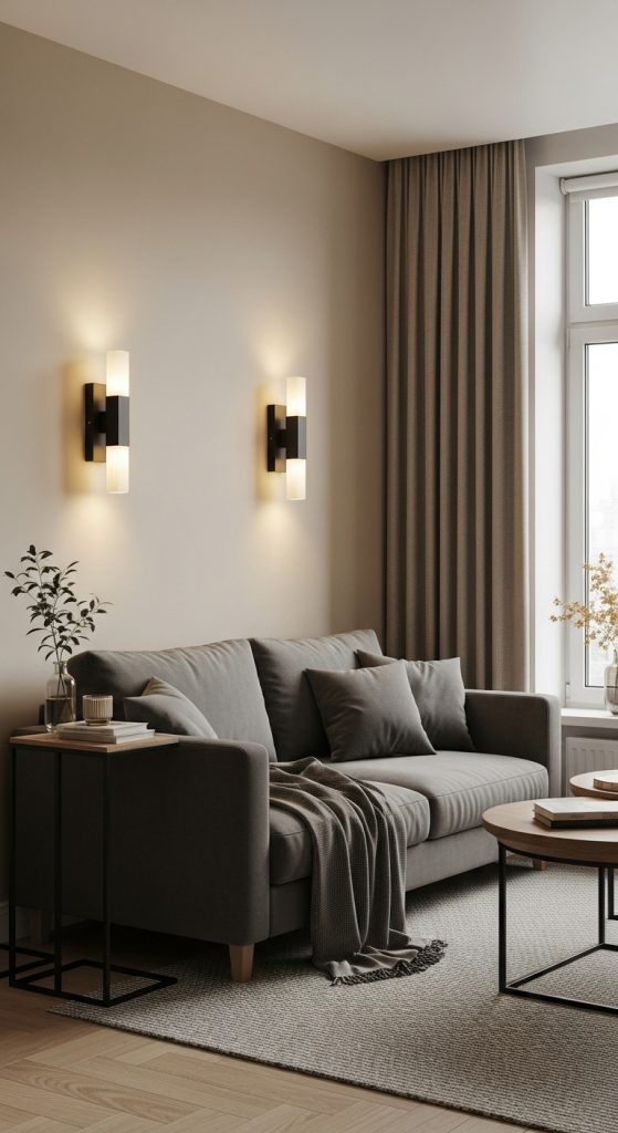 Wall sconces providing lighting in a small living room without using floor space.