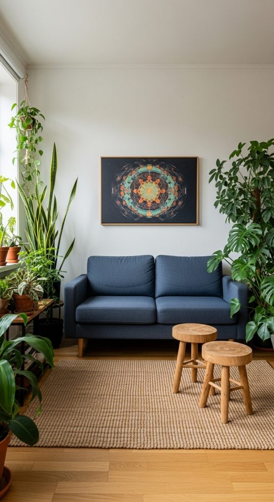 A black sofa in a bright living room filled with lush green houseplants, including a large fiddle leaf fig
