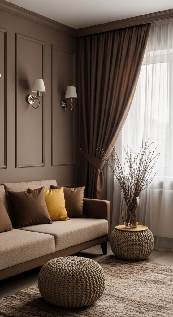 A cozy den with rich chocolate brown walls and a comfortable honey-toned leather sofa under warm, inviting light.