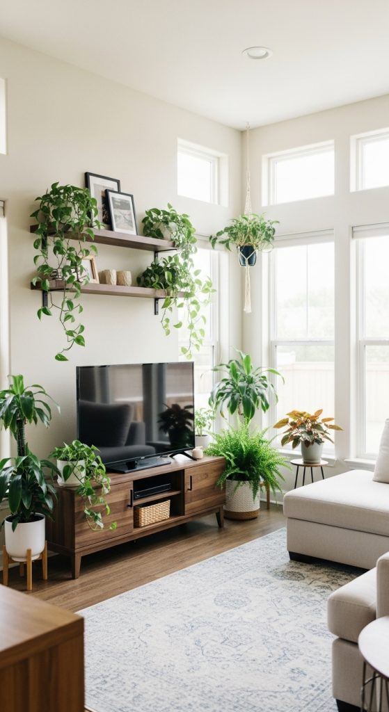 A bright living room with plants placed around the TV