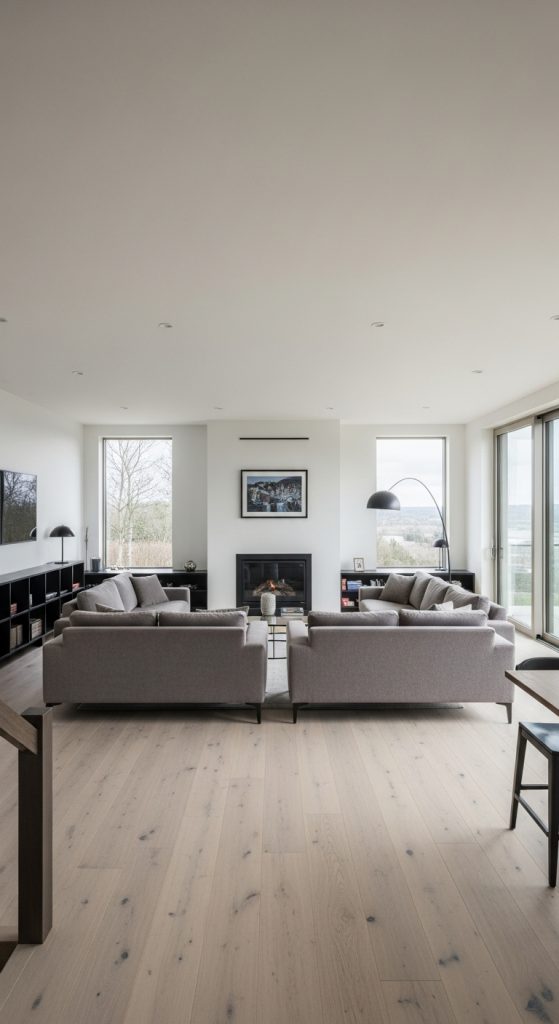 A minimalist living room dominated by a massive abstract painting on the wall.
