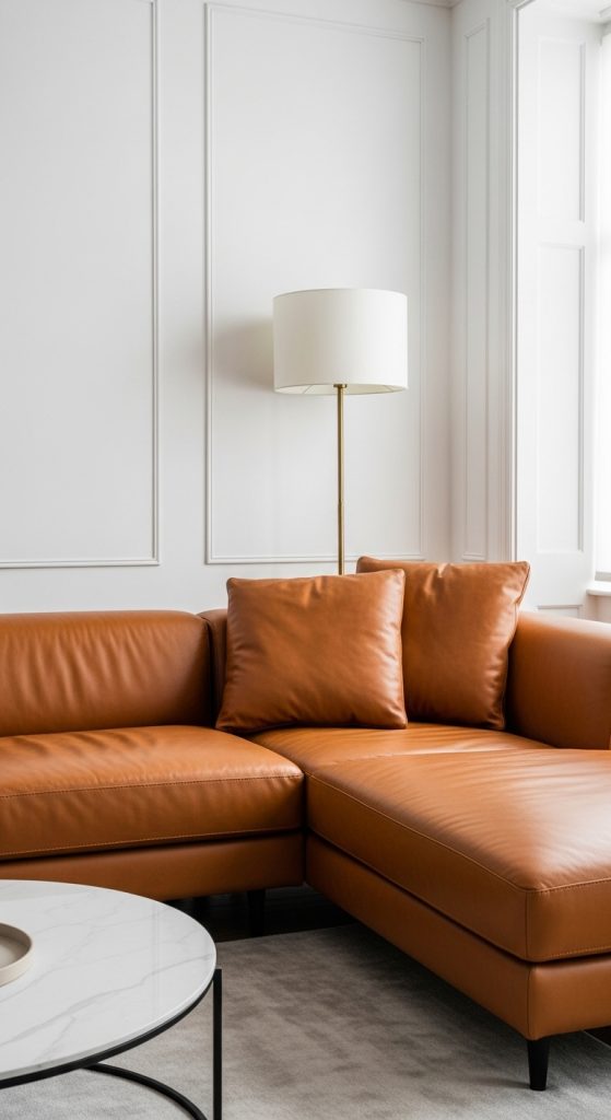 Luxurious cognac-colored leather sectional sofa in a minimalist living room, adding warmth and rich texture to the space.