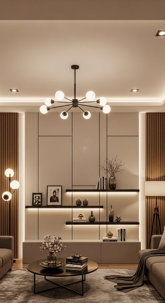 Modern living room with layered lighting design, combining recessed lights, floor lamps, and LED accent lighting for a warm ambiance.