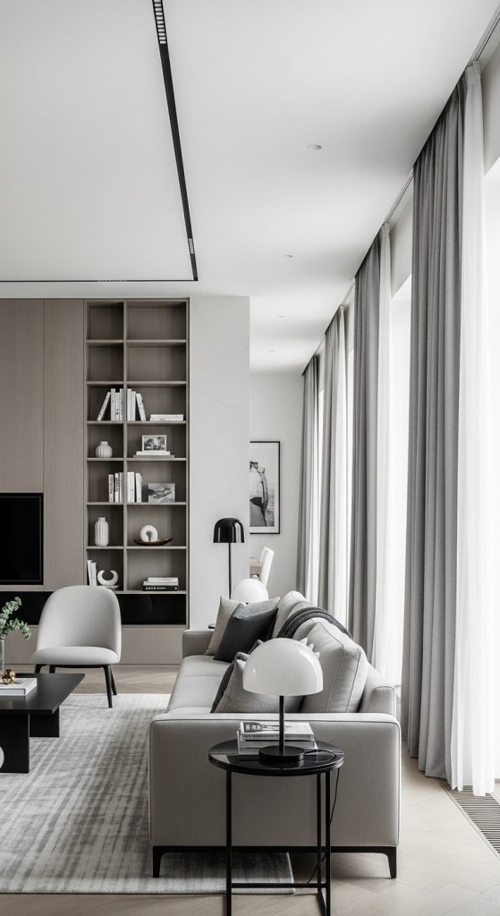 Long narrow living room with vertically arranged furniture and shelves.
