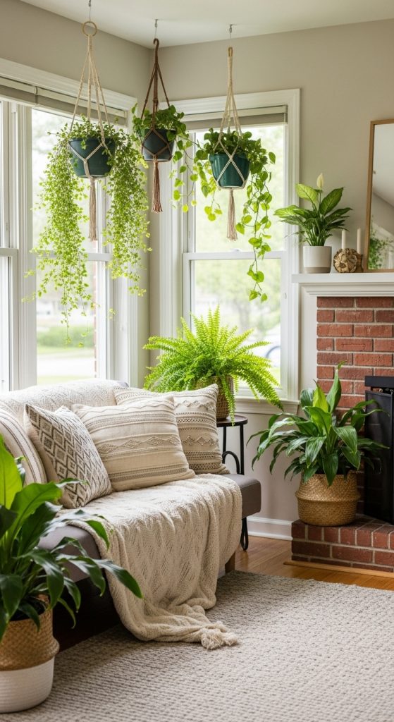 Small living room decorated with potted plants and hanging greenery for a fresh look.