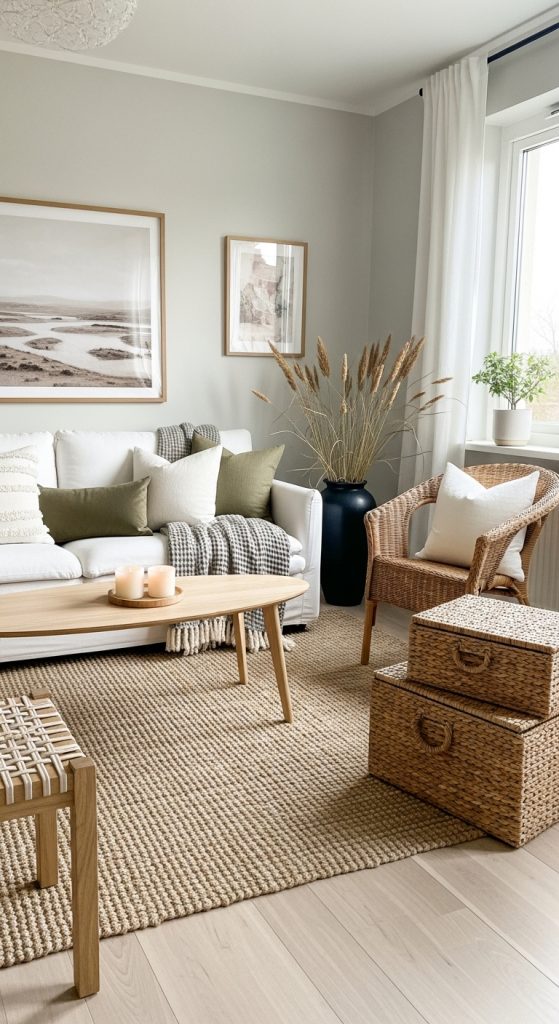 An inspirational Scandinavian living room layout featuring a curated gallery