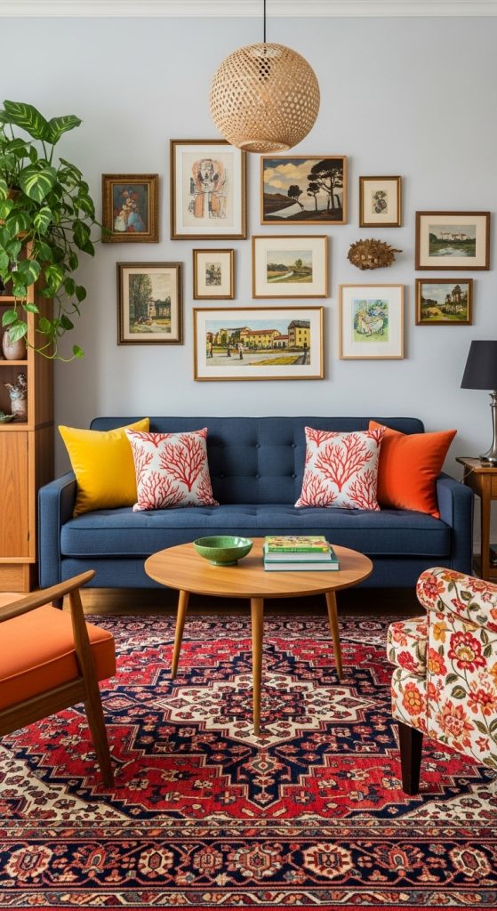 An eclectic living room showcasing a black sofa paired with a vintage patterned armchair