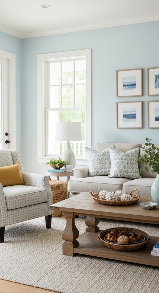 A light and airy living room with a sandy beige sofa, soft blue pillows, and white furniture creating a coastal vibe.