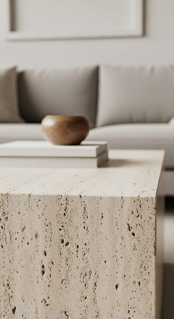 A travertine coffee table with natural texture, acting as a sculptural centerpiece in a minimalist living room.