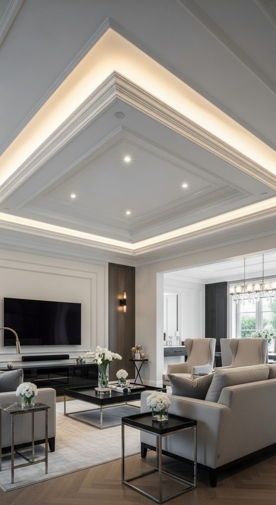 Luxury living room featuring a dramatic ceiling design, such as a coffered or tray ceiling with indirect lighting and architectural detail.