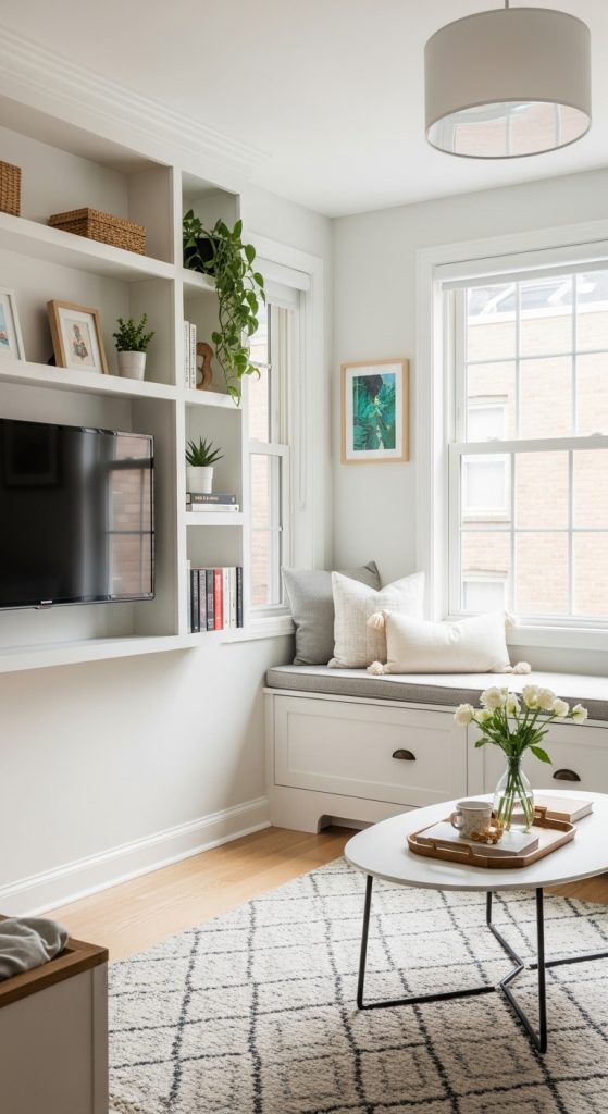 Small space with built-in bookshelves and a cozy window seat.