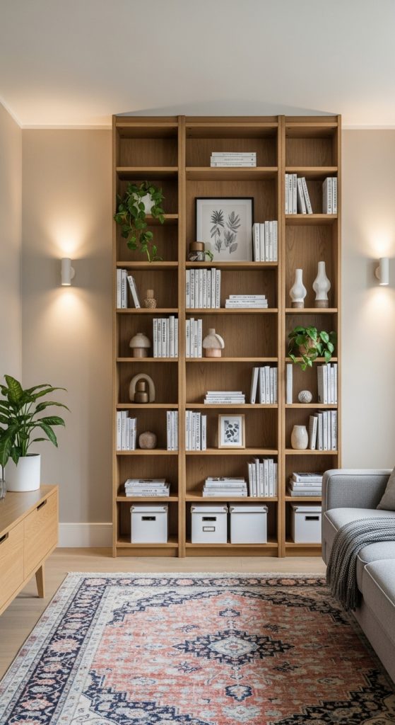 Apartment living room with tall bookshelves and wall-mounted lights to maximize space.
