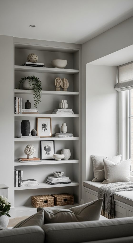 Built-in shelves and cabinets in a small living room providing hidden storage.